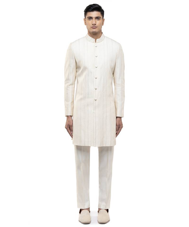 White embroidered silk sherwani set