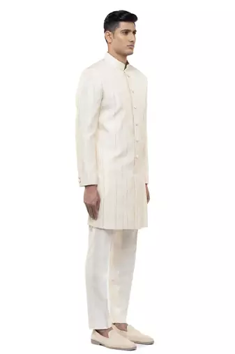White embroidered silk sherwani set