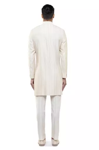 White embroidered silk sherwani set
