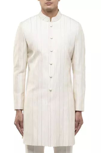 White embroidered silk sherwani set