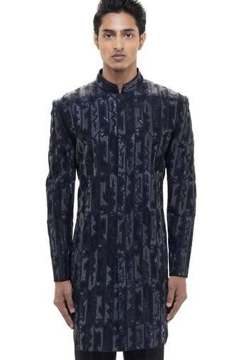 Blue embroidered silk sherwani set