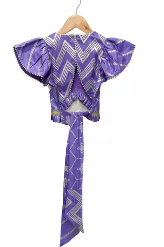 woven half sleeves embellished top with dhoti-purple & white
