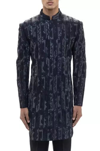 Blue embroidered silk sherwani set
