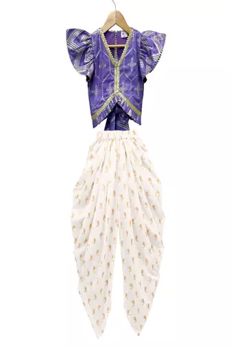 woven half sleeves embellished top with dhoti-purple & white