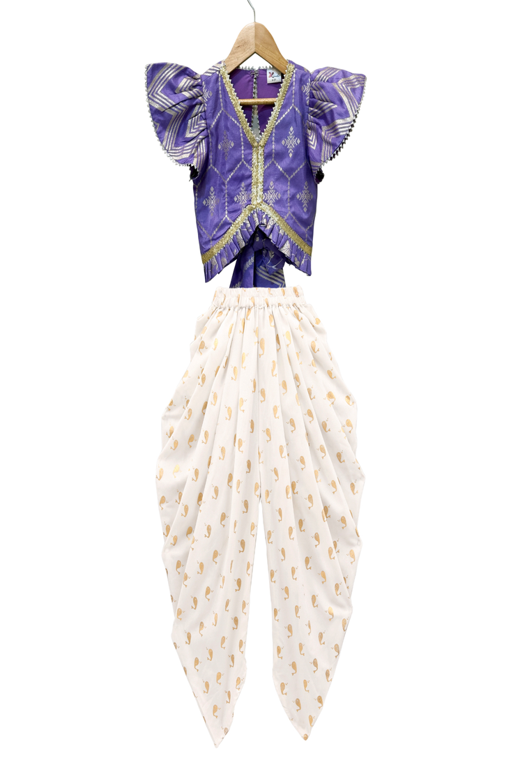 woven half sleeves embellished top with dhoti-purple & white