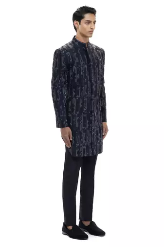 Blue embroidered silk sherwani set