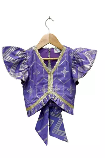 woven half sleeves embellished top with dhoti-purple & white