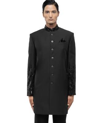 Green embroidered woolen blends sherwani set 1