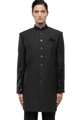 Green embroidered woolen blends sherwani set