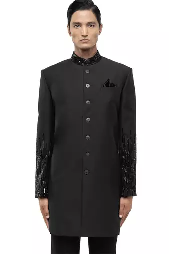 Green embroidered woolen blends sherwani set