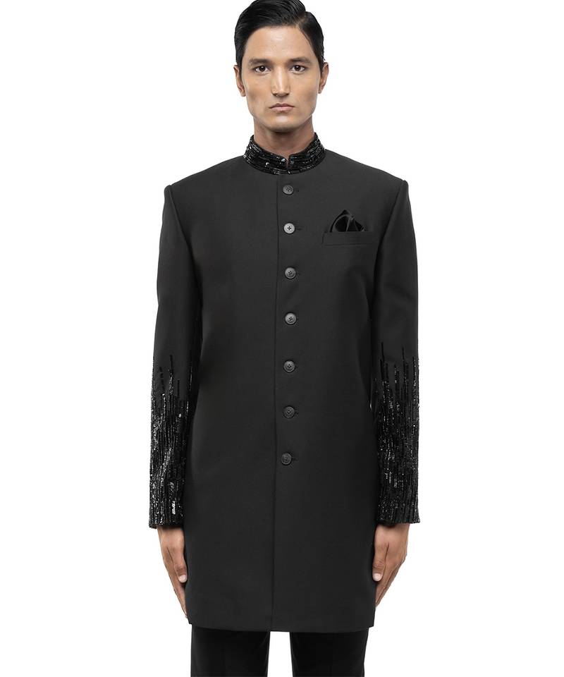 Green embroidered woolen blends sherwani set