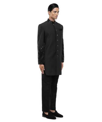 Green embroidered woolen blends sherwani set 2