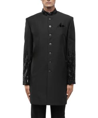 Green embroidered woolen blends sherwani set 4
