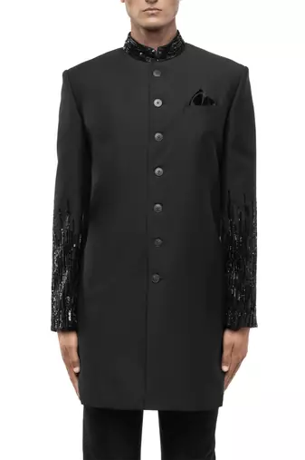 Green embroidered woolen blends sherwani set