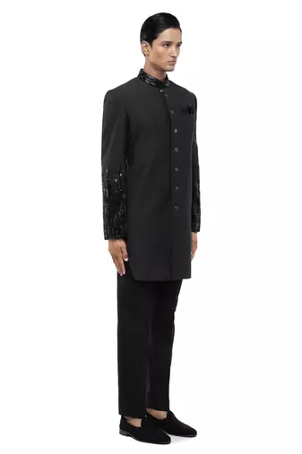 Green embroidered woolen blends sherwani set