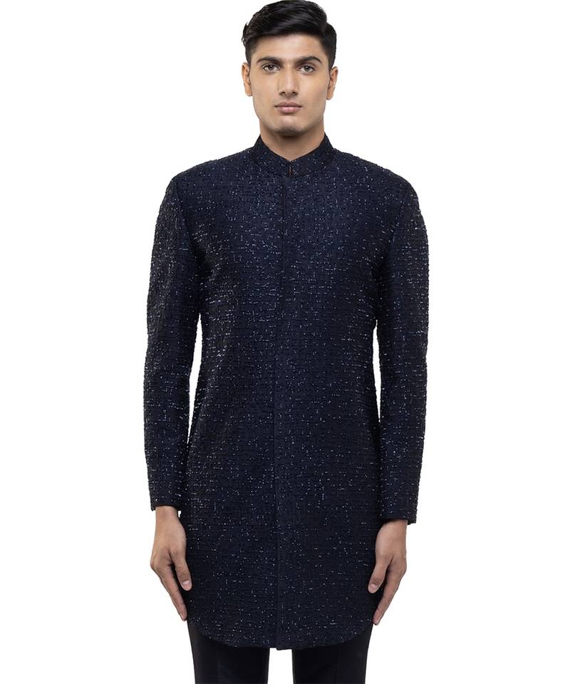 Blue embroidered silk sherwani set