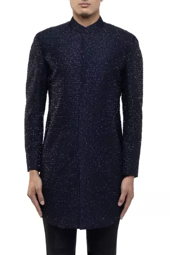 Blue embroidered silk sherwani set