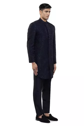 Blue embroidered silk sherwani set