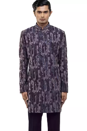 Purple embroidered silk sherwani set