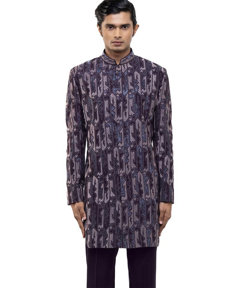 Purple embroidered silk sherwani set