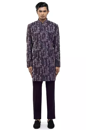 Purple embroidered silk sherwani set
