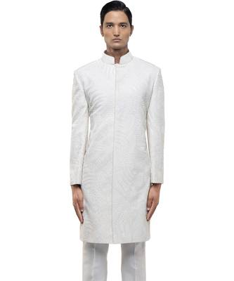 White embroidered silk sherwani set 1
