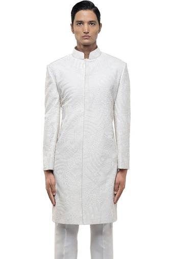 White embroidered silk sherwani set