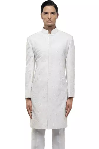White embroidered silk sherwani set