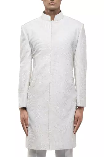 White embroidered silk sherwani set