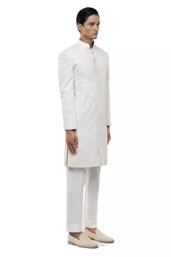 White embroidered silk sherwani set
