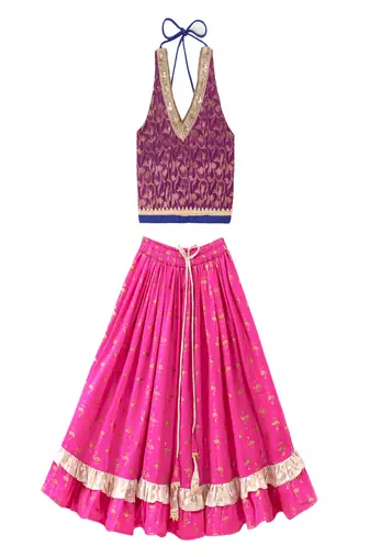 woven brocade sleeveless embellished top with printed lehenga-purple & pink