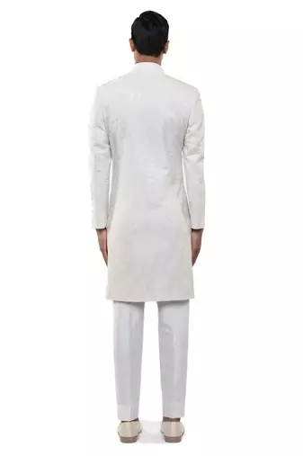 White embroidered silk sherwani set