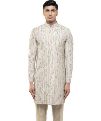 Beige embroidered silk sherwani set 1