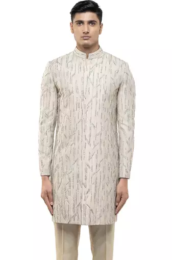 Beige embroidered silk sherwani set