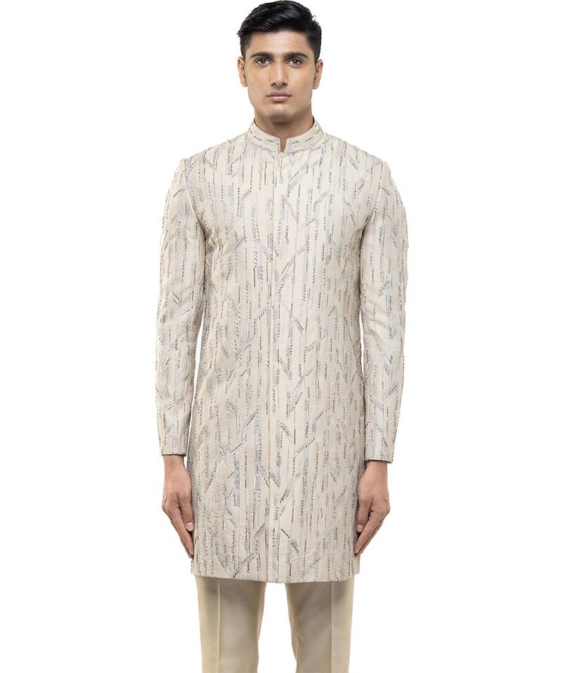 Beige embroidered silk sherwani set