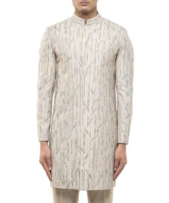 Beige embroidered silk sherwani set 2