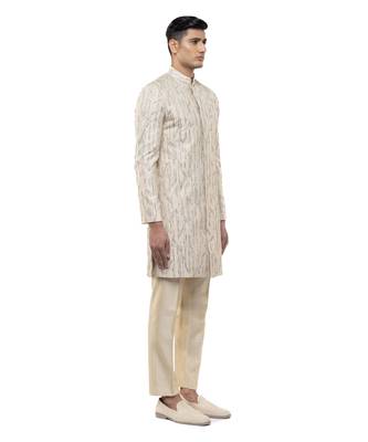 Beige embroidered silk sherwani set 3