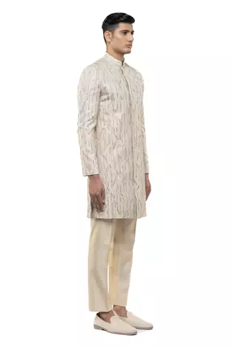 Beige embroidered silk sherwani set