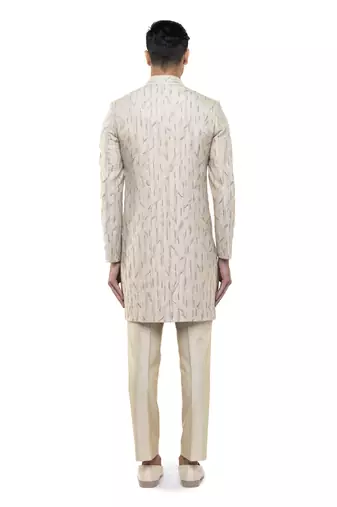 Beige embroidered silk sherwani set
