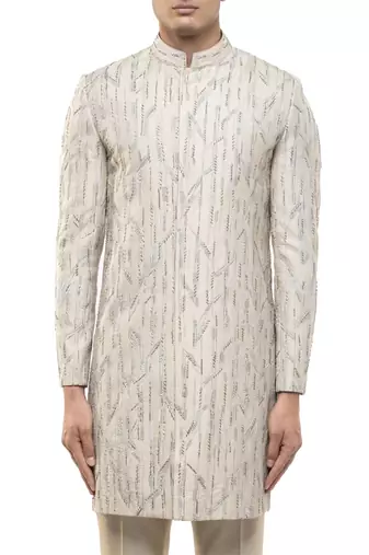 Beige embroidered silk sherwani set