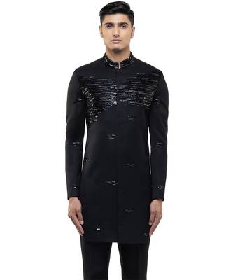 Black embroidered silk sherwani set 1