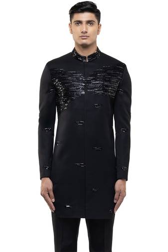 Black embroidered silk sherwani set