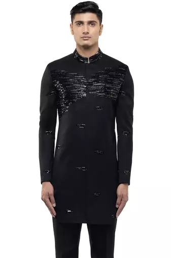 Black embroidered silk sherwani set