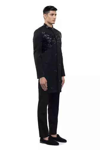 Black embroidered silk sherwani set