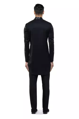 Black embroidered silk sherwani set