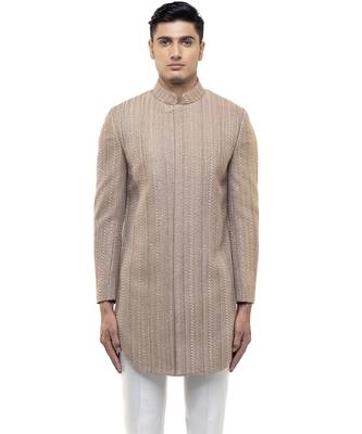 Beige embroidered cotton sherwani set 1