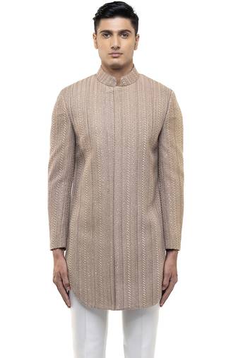 Beige embroidered cotton sherwani set