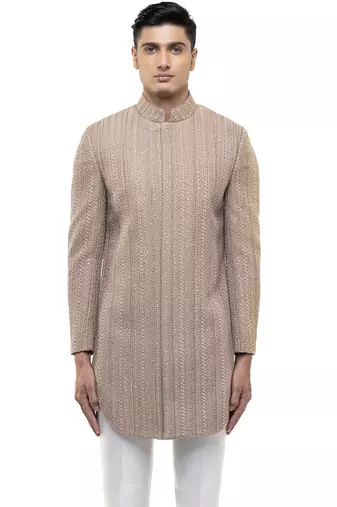 Beige embroidered cotton sherwani set