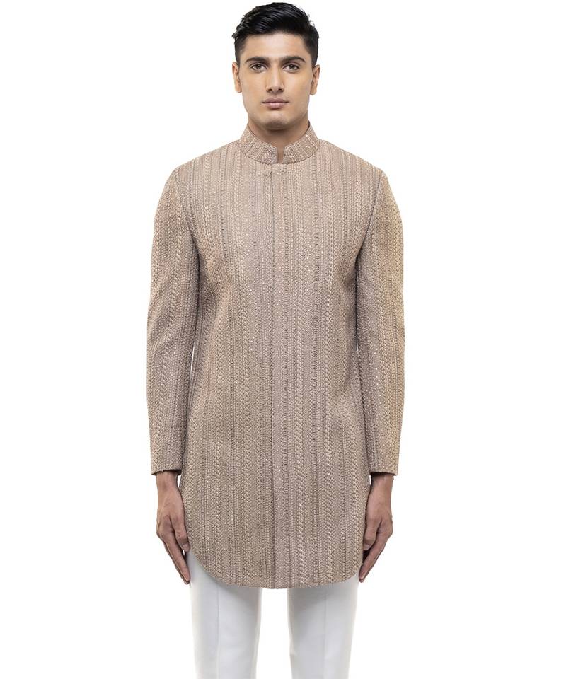 Beige embroidered cotton sherwani set