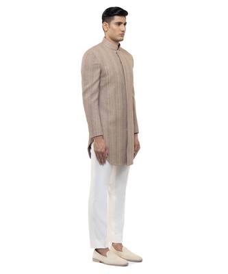 Beige embroidered cotton sherwani set 3